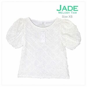 JADE Melody Tan White Puff Sleeve Top Size XS NWT Netty Pattern Cotton Blouse